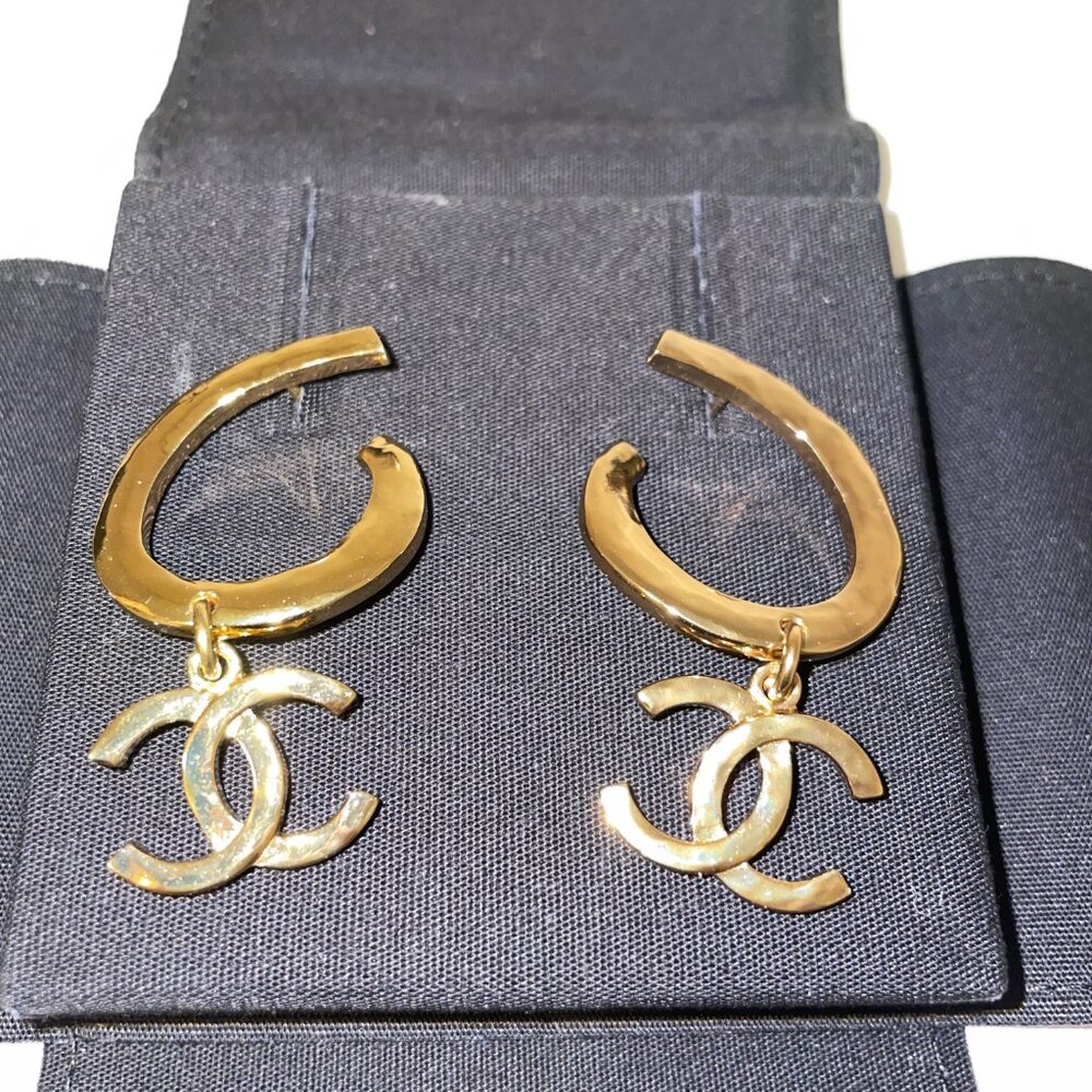 Chanel Gold Metal Cuff CC Drop Logo Earrings